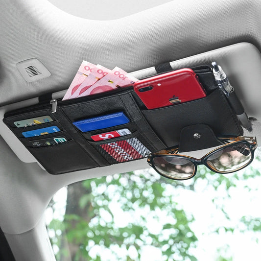 Car Sun Visor Organizer – Bill, Pen, Business Card Holder with Sunglasses Clip